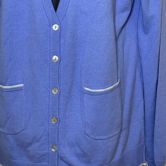 Fresh Produce Periwinkle Blue Cardigan Sweater White Trim Pockets Size M/L - Picture 7 of 7